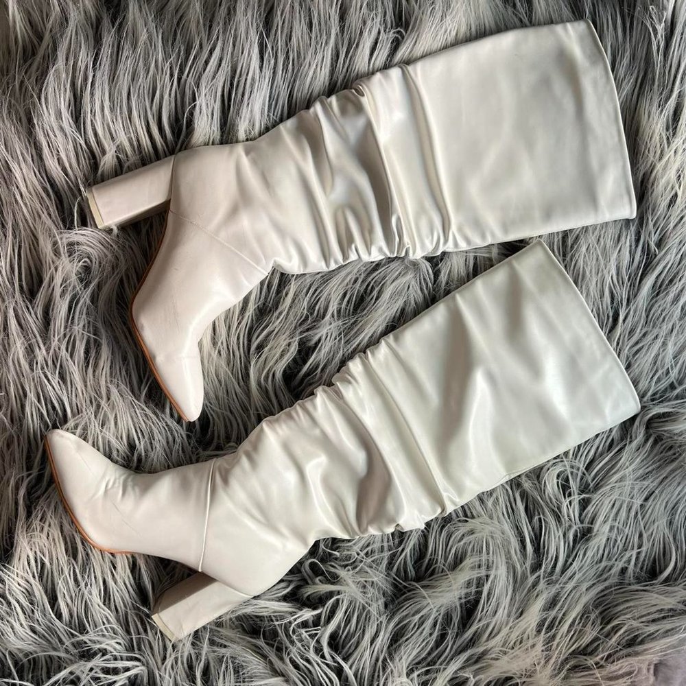 White Faux Leather Ruched Pointed Toe Knee Boots.